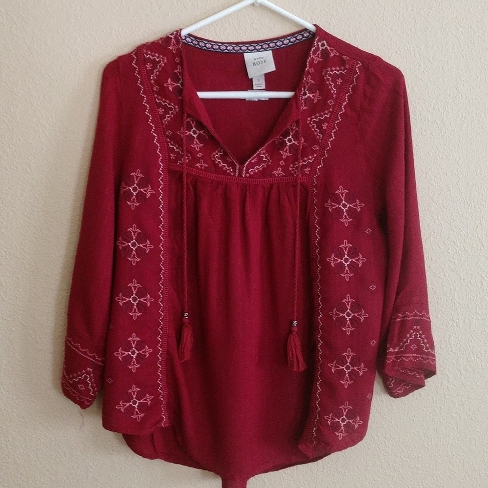 Knox Rose Red Boho Peasant Tassel Tunic Sz S